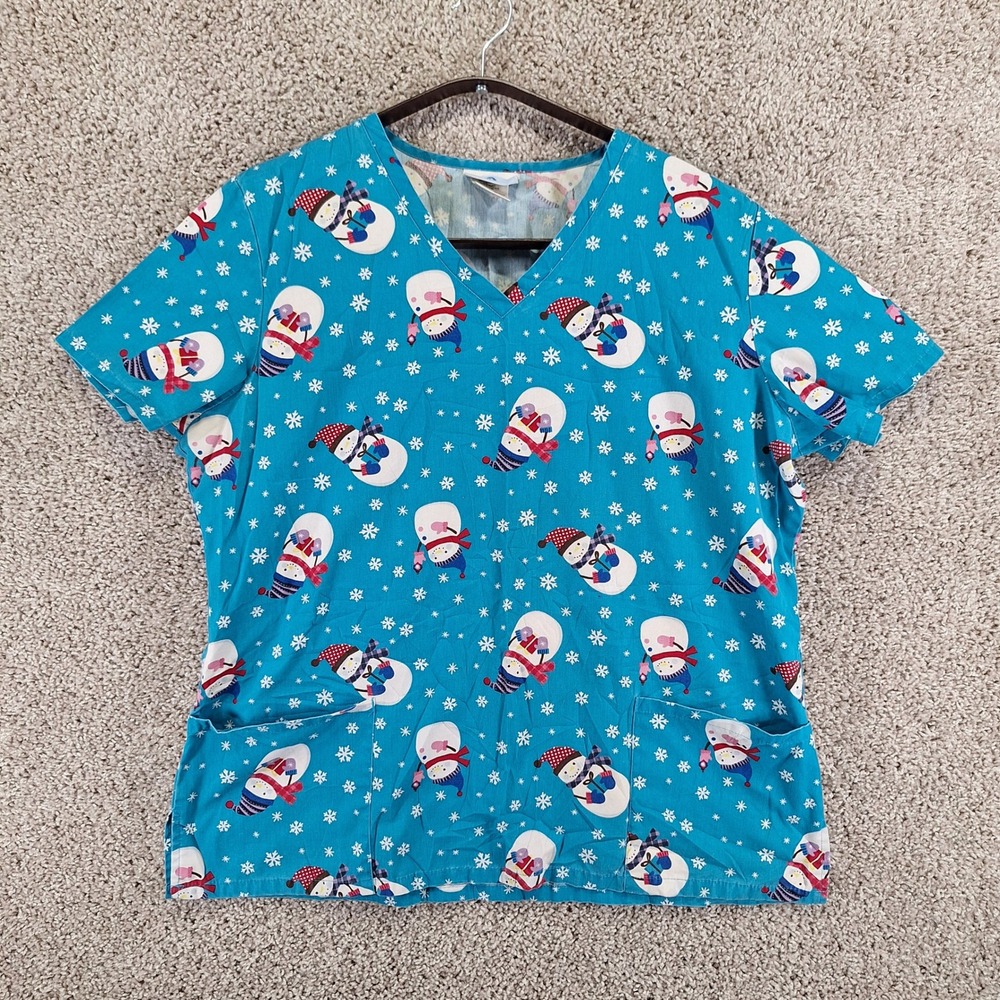 Lot of 2 SB Scrubs Top Womens Large Blue Snowman Print Pockets Detailed Pullover